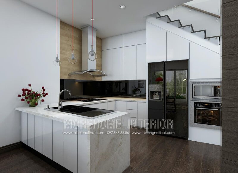 Mẫu tủ bếp đẹp được thiết kế kịch trần, sự kết hợp hài hòa giữa tổng thể, từ chất liệu gỗ công nghiệp cao cấp, đá ốp bếp nhân tạo sáng màu, gam màu trắng tinh tế cho tới thiết bị nhà bếp hiện đại mang lại không gian phòng bếp rộng rãi và tiện nghi nhất Tủ bếp màu trắng và màu nâu đẹp