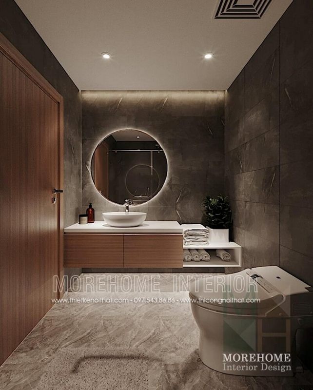 Mẫu cửa gỗ hiện đại đã được chọn làm thiết kế cho nhà tắm chung cư trẻ trung.